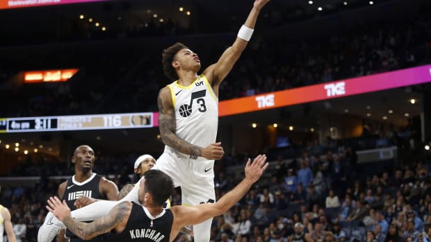 Utah Jazz guard Keyonte George (3) drives to the basket during the second half against the Memphis Grizzlies at FedExForum.